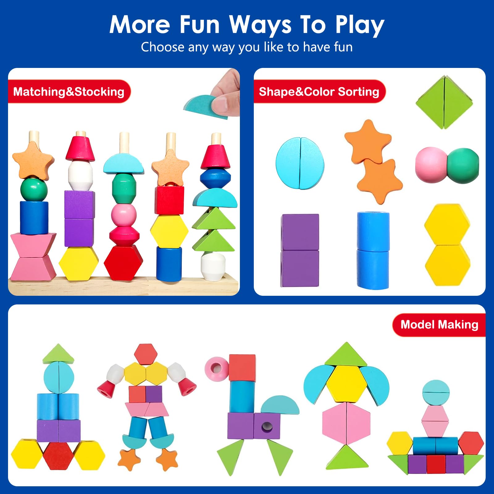 Montessori Wooden Beads Sequencing Toy Set, Sorting Stacking Blocks & Lacing Beads & Shape Matching Stacker for 2 3 4 5 Years Kids Preschool Learning Fine Motor Skills Toys Gifts for Toddler Boy Girl - 3