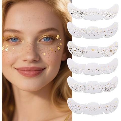 Face Glitter Freckles Tattoo, 6 Pieces Gold Mixed Shapes, Sparkle Makeup Patches for Festival, Party, Rave
