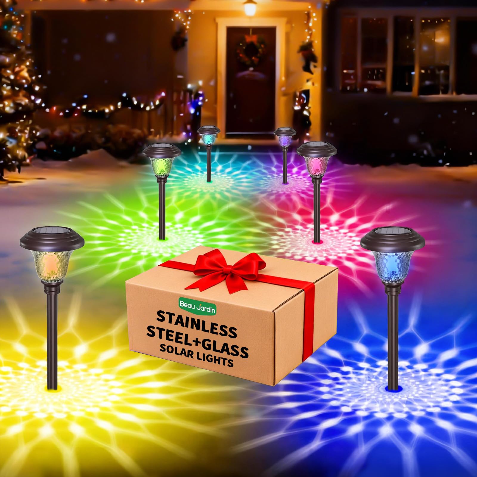 Beau Jardin 8 Pack Solar Pathway Lights Outdoor Solar Powered Light Waterproof Glass High Lumen for Garden Landscape Path Yard Walkway Patio Driveway Outside White Color Changing Black