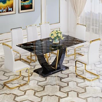 JUFU Dining Table Set for 6 with Chairs PU Upholstered, 71 Black Glass Faux Marble Dining Room Table and Chairs, Modern Kitchen Tables for 6, Rectangle Dinner Table Set for Dining Room