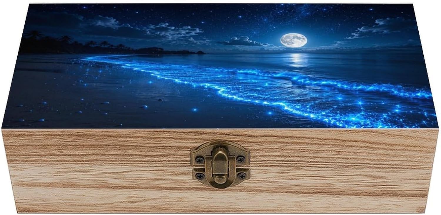 Moonlit Bioluminescent Shore At Night Wooden Storage Box with Hinged Lid for Women, Compact Durable Jewelry Gift Box for Preserve Photos Letters Small Heirlooms