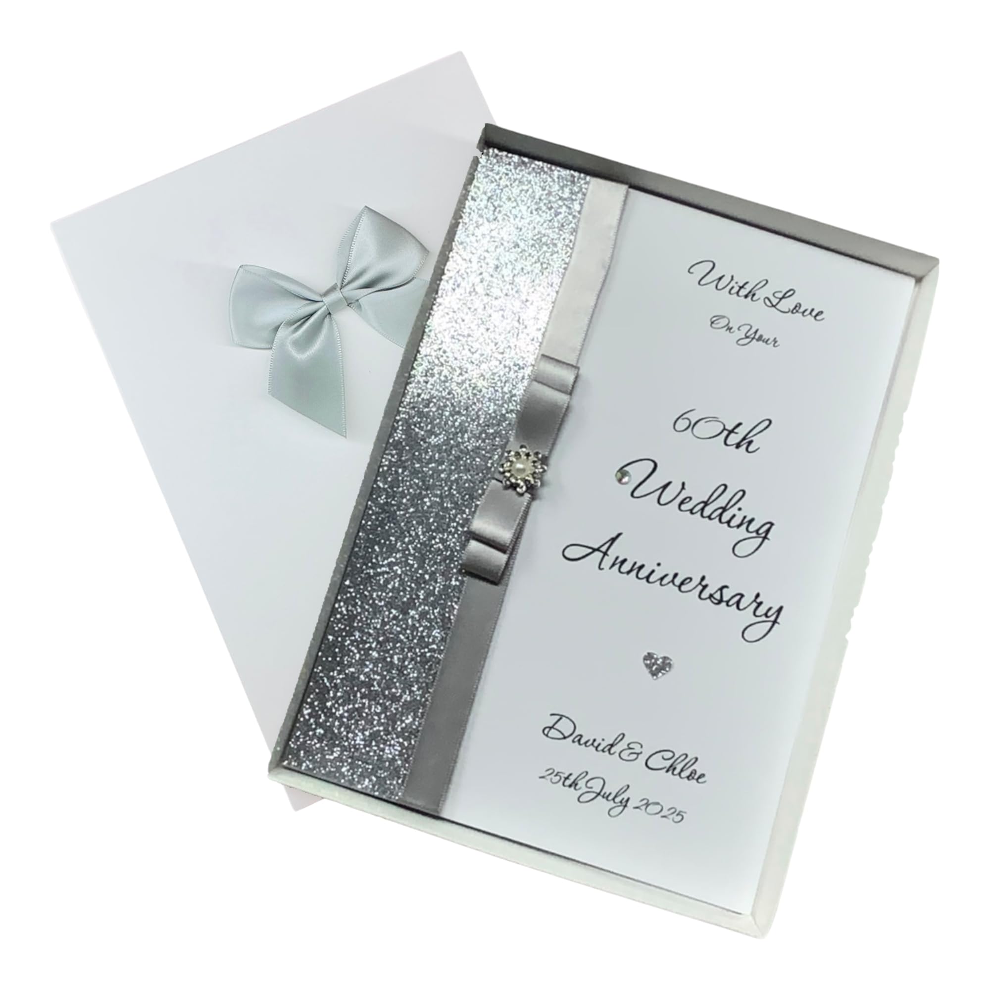 60th Wedding Anniversary Card - Diamond 60 Year Sixtieth Anniversary Greeting Card, Personalised Wife Husband Parents Couple - A5 Card - Colour Choice - LUXURY BOW