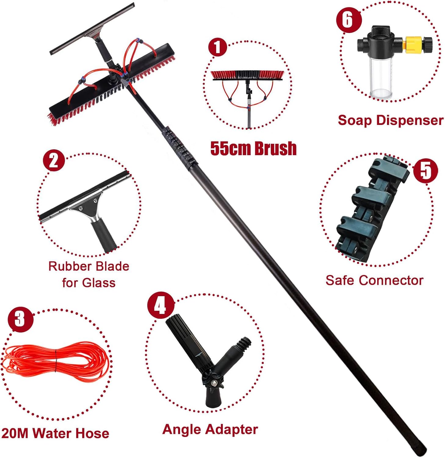 10m Telescopic Washing Brush with Carbon Fiber Extendable Pole for Windows Patios Roofs & Solar Panels - Includes 55cm Brush Squeegee Soap Dispenser for Effortless Cleaning