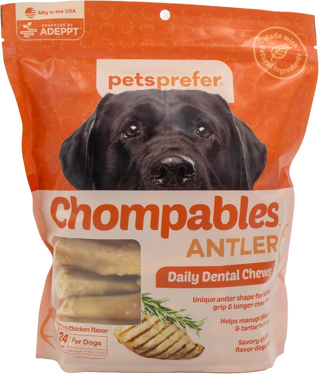 PetsPrefer Chompables Daily Dental Chews for Dogs – Chicken Flavor, Antler-Shaped Dental Treats Used to Reduce Plaque, Support Oral Hygiene & Freshen Breath, Dental Chews for Large Dogs, 24-Pack