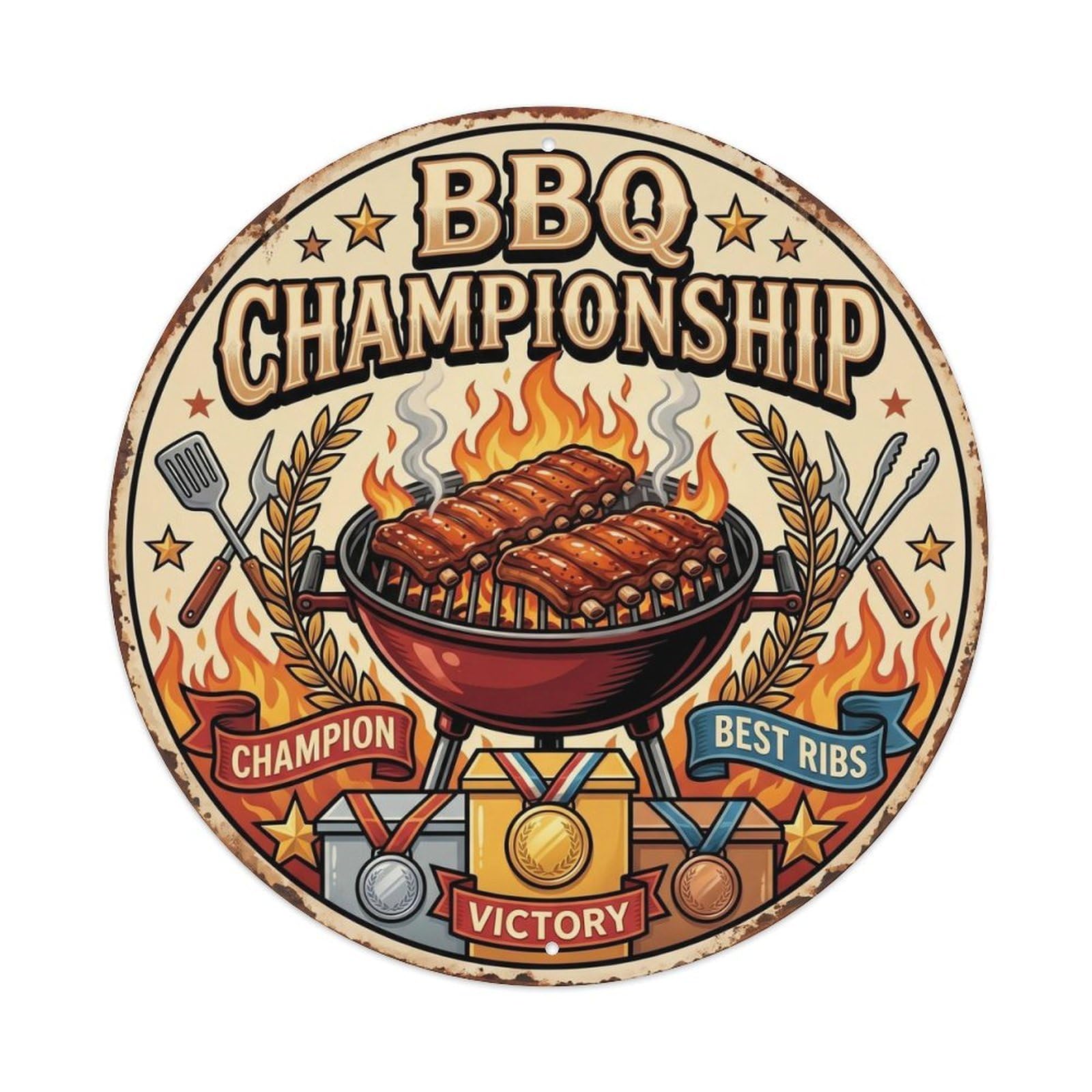 Vintage BBQ Barbecue Championship Artwork Metal Tin Sign Plaque Wall Decor for Cafe, Club, Garden Round Metal Poster 8x8Inch