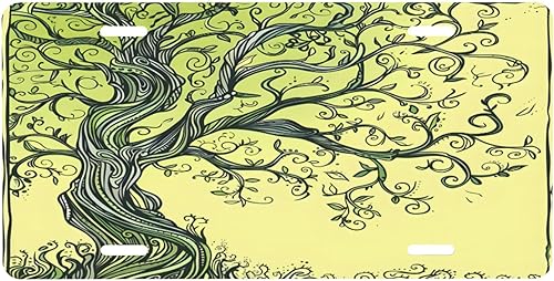 Placa de matrícula delantera de árbol vintage, accesorio de decoración de automóvil, placa decorativa de metal de aluminio divertida con 4 agujeros