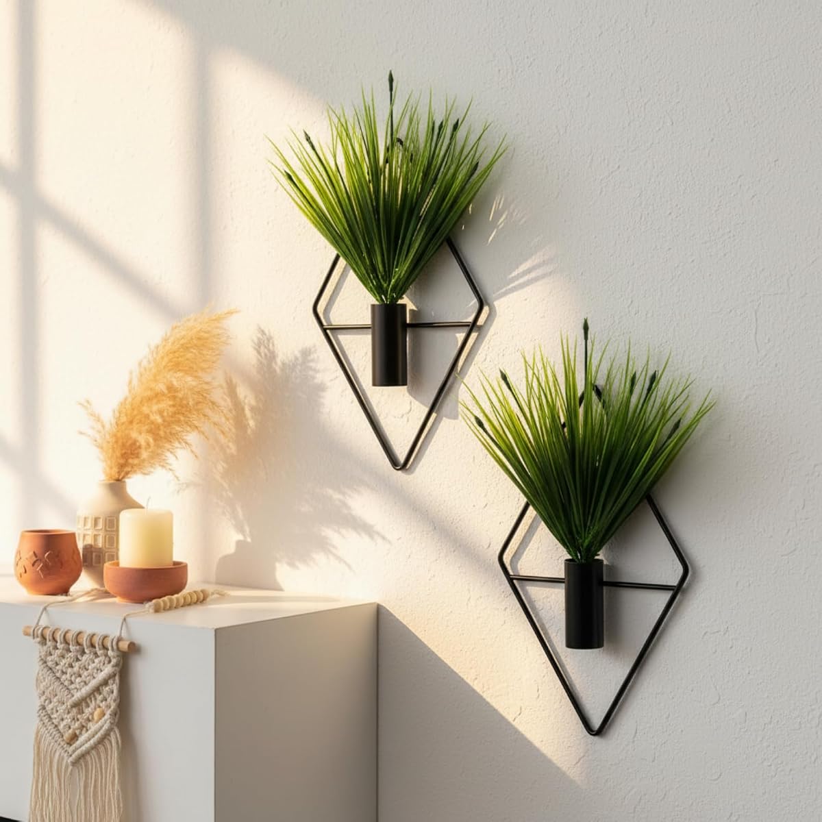 Canlierr 4 Pcs Wall Decor Hanging Planters with Artificial Plants Metal Hanging Vase Indoor Plants Holder Modern Boho Wall Art for Bathroom Bedroom Living Room Decor(Black,Aquatic Plant)