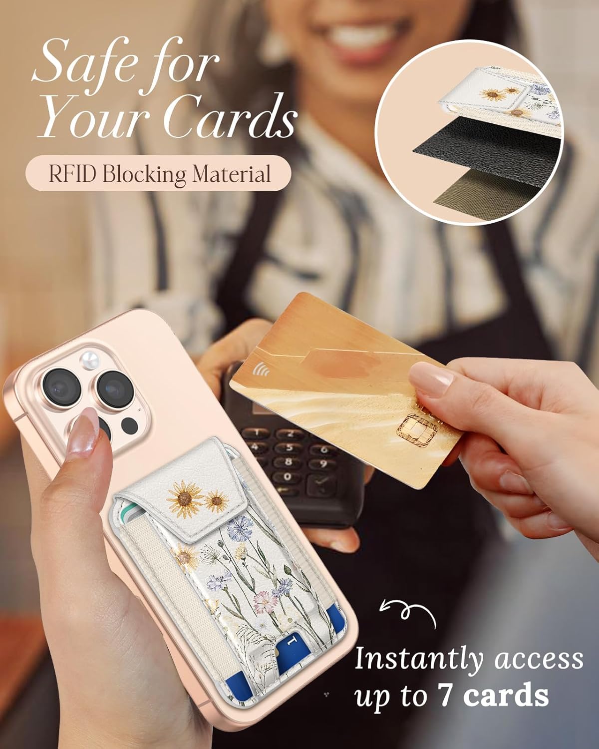 Shorogyt Compatible with Magsafe Wallet for Women - Phone Wallets for Magnetic Card Holder Mag Rfid Watercolor Flower for iPhone 17/16/15/14/13/12 Series Cute with Elastic and Flap Cover, Fit 7 Cards - Image 4