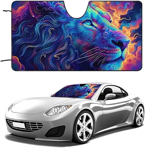Colorful Starry Sky Lion Windshield Sun Shade Foldable Reflective Sun Shade Blocks UV Rays,Car Interior Accessories