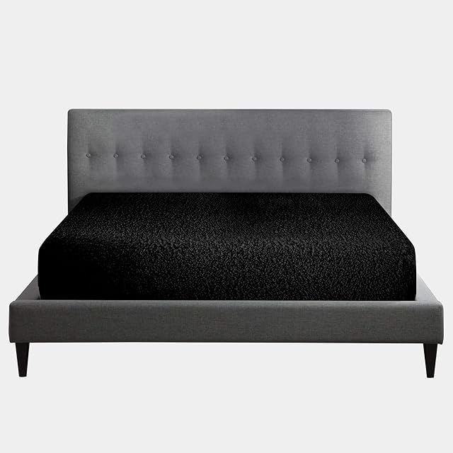 Easy Care Plain King Size Bed Sheets, 100% Polyester Teddy Fitted Sheet, Thermal Warm Fleece Bottom Sheet, Black