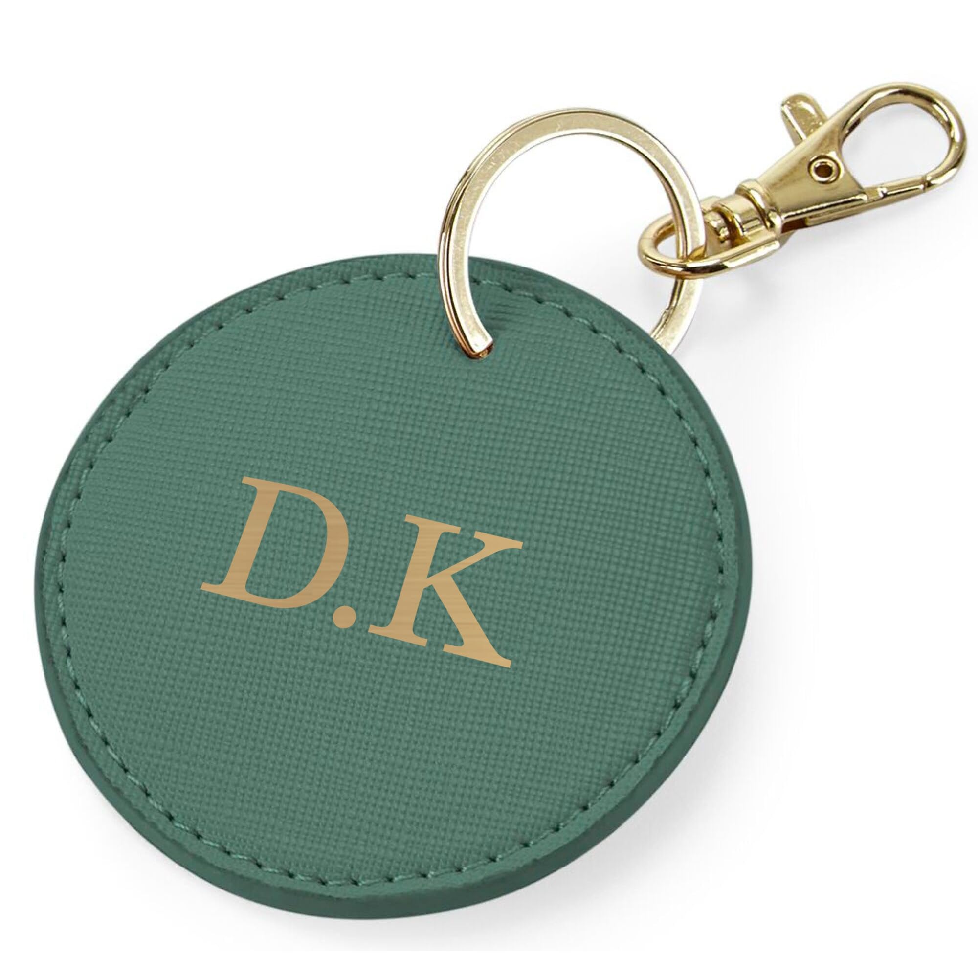 eBuyGB Personalised Round Initial Keyring, Bag Tag PU Leather Keychain, Monogram Key Ring, Luggage Tags, Party Bag Filler, Bridesmaid Gifts (Eucalyptus)