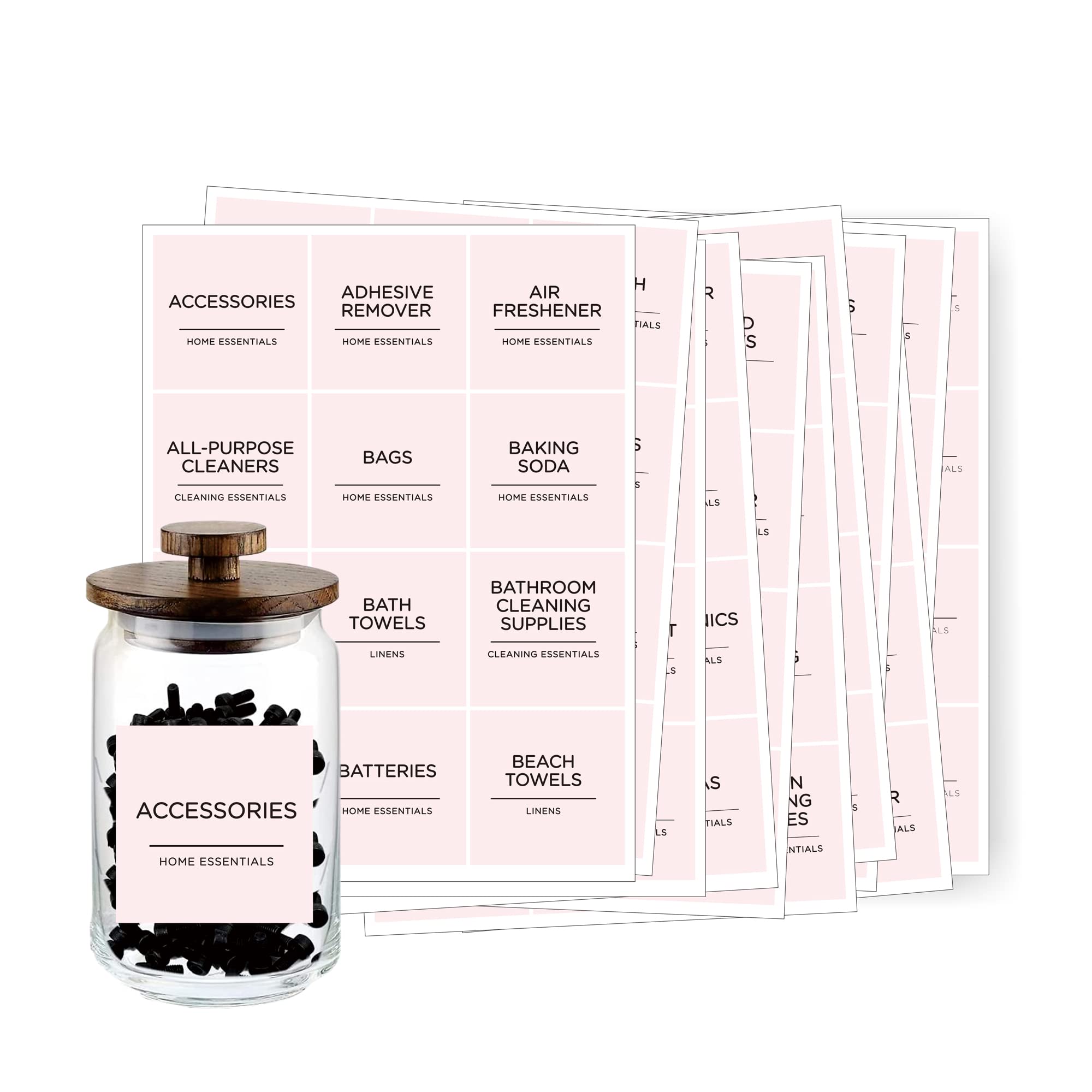 144 Laundry Room Labels Preprinted Set, Prefdo Pink Minimalist Water/Oil Resistant, Self Adhesive Home Organizing Stickers for Laundry Room,Linen Closet,Bathroom,Cleaning Supplies