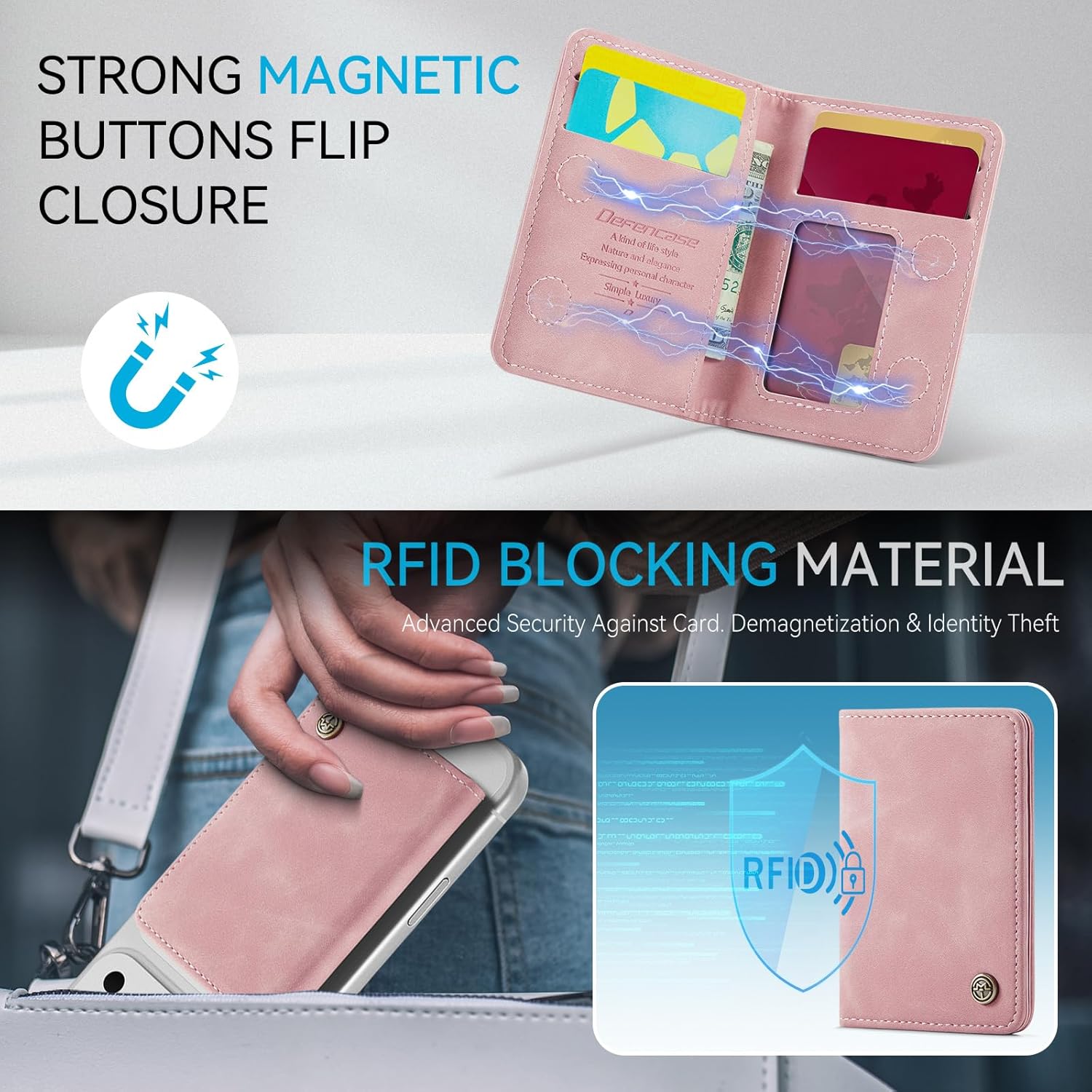 Defencase for Magsafe Wallet Magnetic Card Holder RFID Blocking, PU Leather Minimalist Phone Wallet for MagSafe Phones and Cases for iPhone 17/16/ 15/14/ 13/12/ Pro/Max/Plus/Air, Rose Pink - Image 4