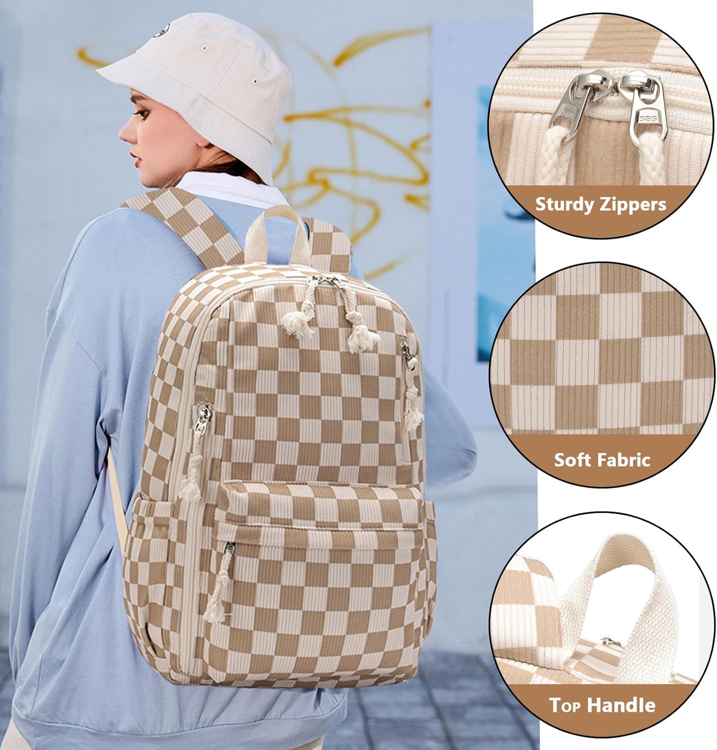 School Backpack for Teen Girls Bookbags Elementary High School Corduroy Laptop Bags Women Travel Daypacks (Checkered)