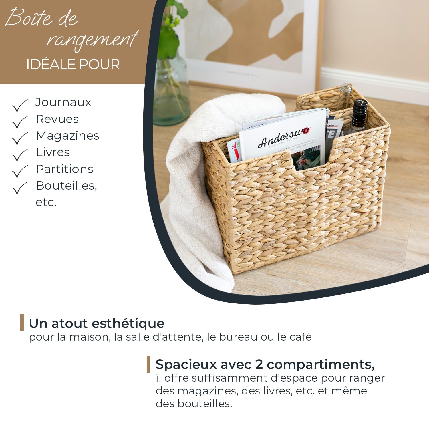 HMF Porte-journaux tressé en jacinthe d'eau | 2 compartiments | 40 x 20 x 33 cm
