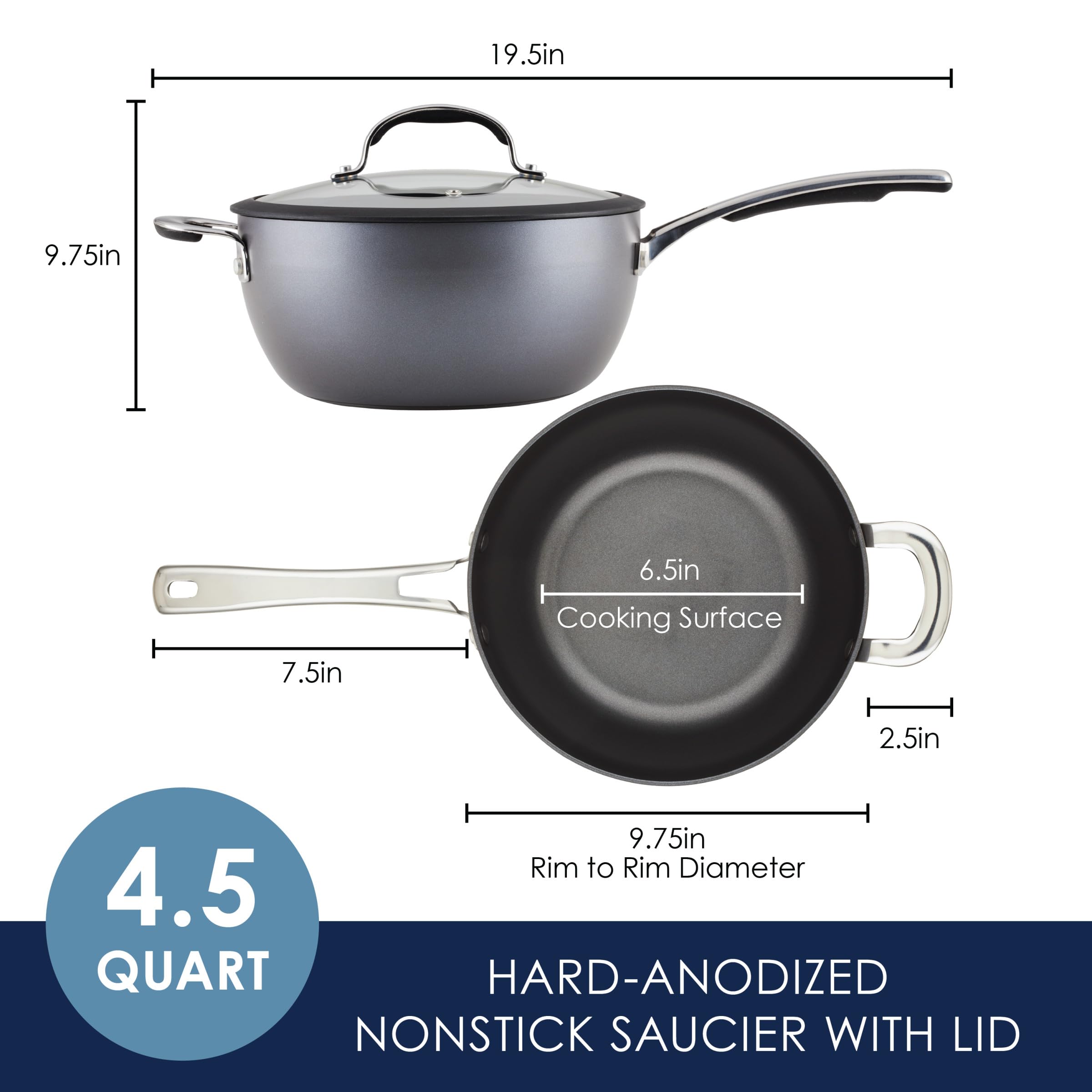 Rachael Ray Cook + Create Hard Anodized Nonstick Saucier Pan/Saucepan with Lid and Helper Handle, 4.5 Quart - Black