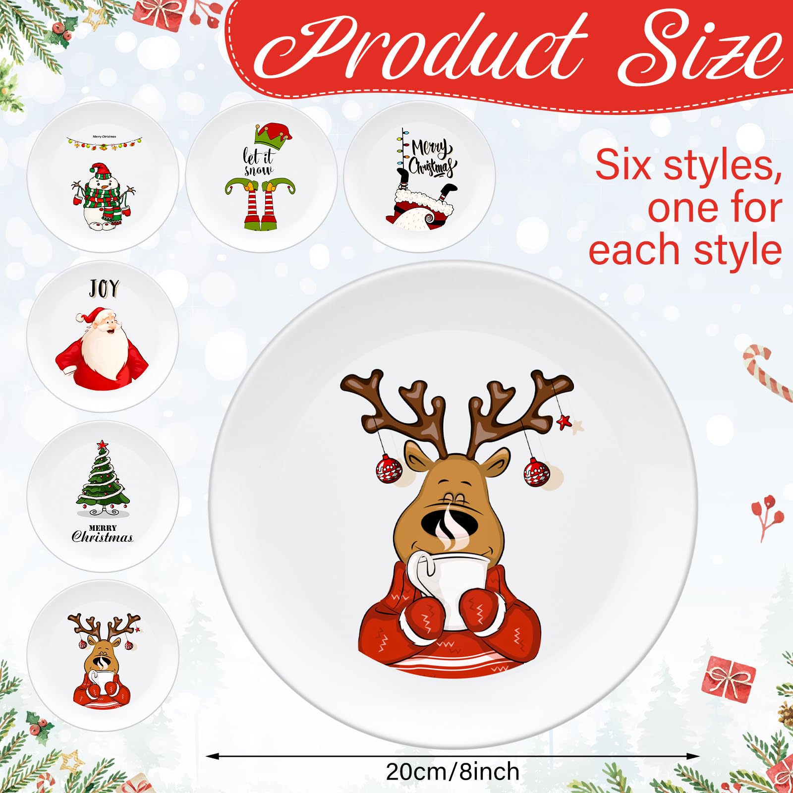 6 piatti natalizi in melammina, riutilizzabili, 20 cm, piatti rotondi a tema natalizio, set da tavola per insalata, pasta, Natale, feste di compleanno, regali