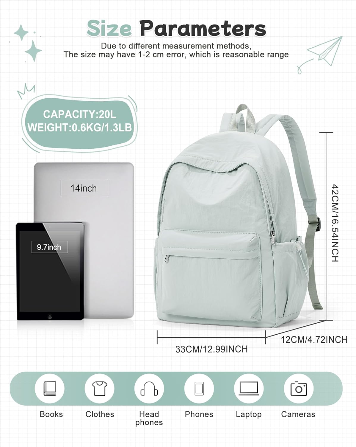 BJLFS Small Light Green School Backpack for Girls Women Waterproof High School Book Bag Cute Backpack for Men Teens Boys, Lightweight Simple Middle School Back Pack Daypack Gift