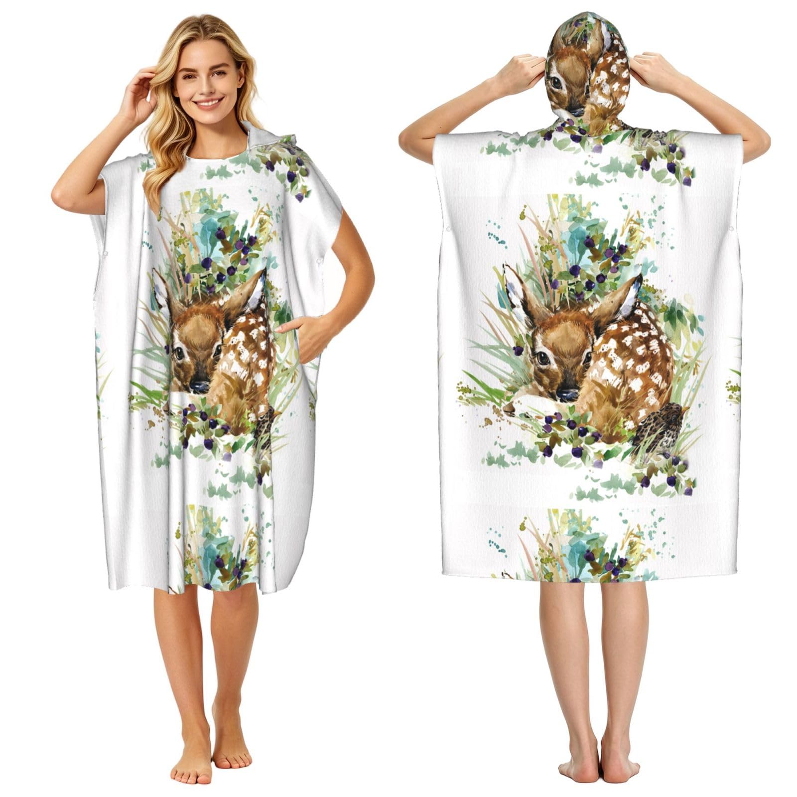 Poadnly Watercolor Wildlife Deer, Adult Hooded Beach Towel 90 x 110 cm,Changing Bath Robe, Surf Poncho Towel For Women Men