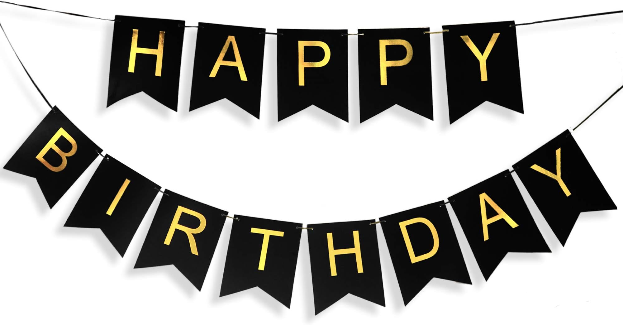 Black Birthday Banner with Gold Letters, Happy Birthday Bunting Banner for Kids or Adults, Swallowtail Flag Sign for Birthday Decoration, Party Supplies