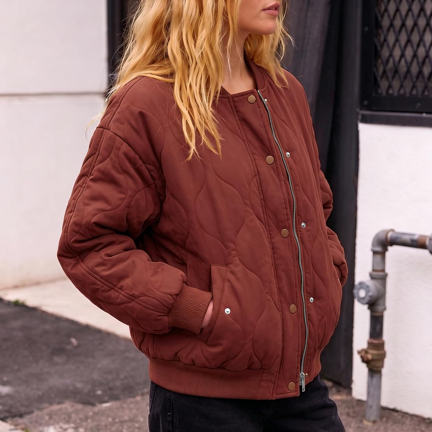 Quilted Puffer Jacket Women Long Sleeve Oversize Bomber Jackets | Lightweight Padded Down Coat Zip Up Outerwear Winter Warm Puffy Jacket