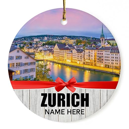 Zurich Switzerland Christmas Ornament Christmas Tree Decorations for Friend Grandpa Grandma Gifts Personalized City Travel Souvenir Collection Hanging Circle Ceramic Ornaments 3'' Keepsake