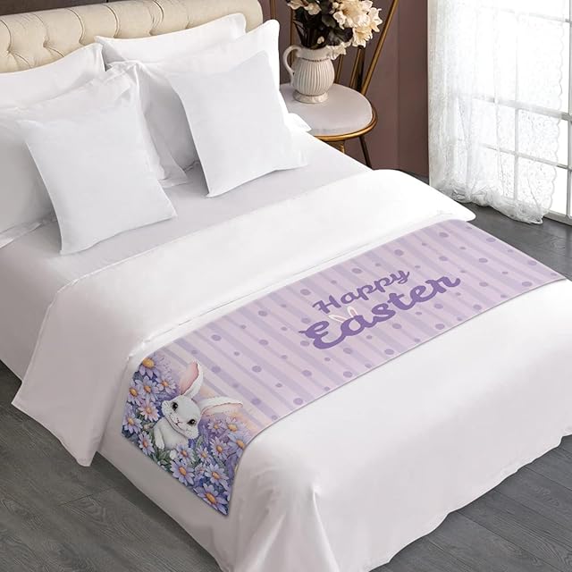 Easter Rabbit Bed Runner Scarf Protector Slipcover Bed Decorative Scarf for Bedroom Hotel Guestroom, Cute Bedding Runners