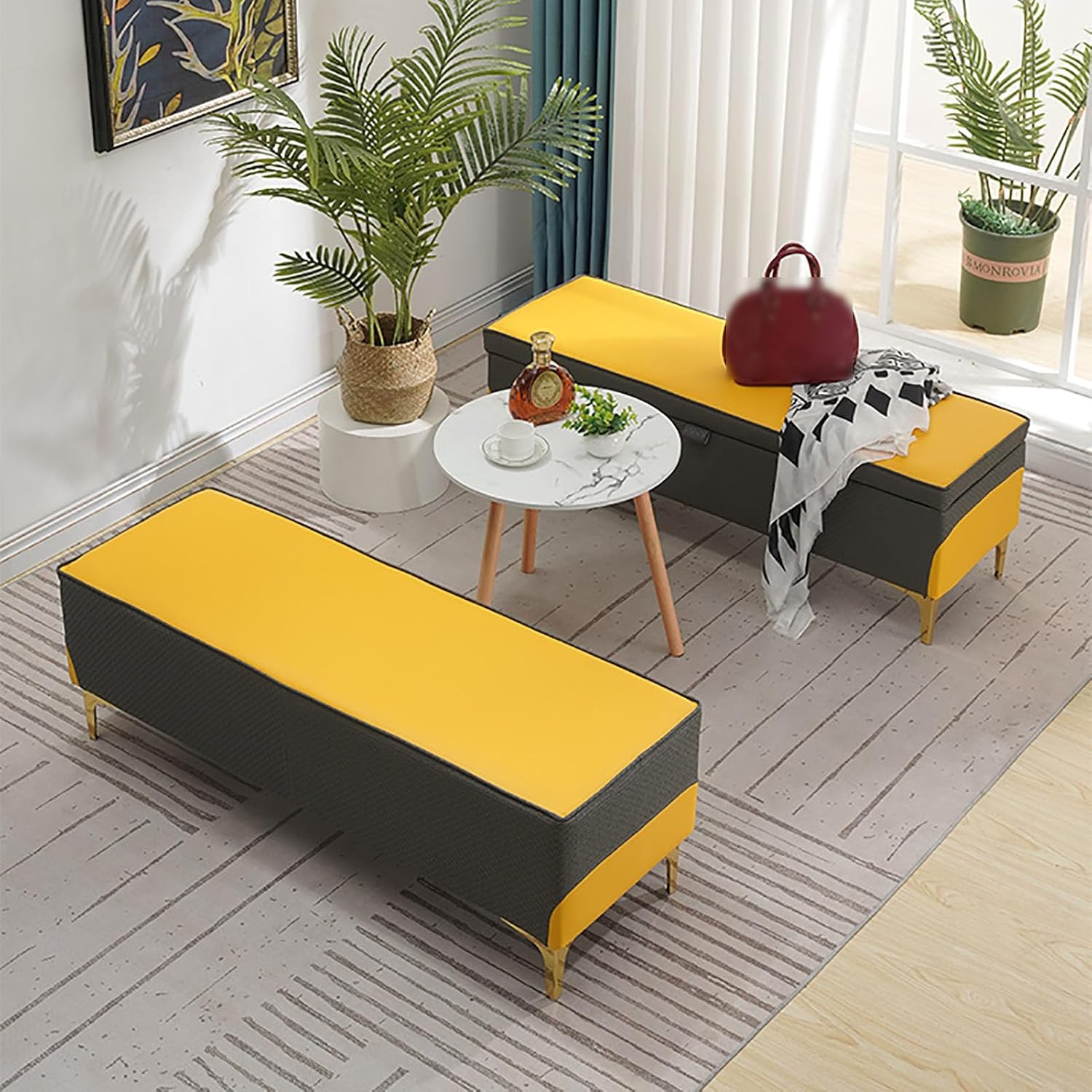 Upholstered Storage Ottoman Bench,End Of Bed Bench For Bedroom with Gold Legs, Flipping Lid Entryway Footrest Shoe Bench Faux Leather Window Bench for Living Room(60x40x40cm(24x16x16inch), Green1)