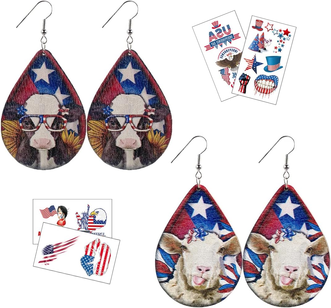 2 Pairs American Flag Earrings for Women Patriotic Faux Leather Earrings with American Flag Stickers Cow Paint Teardrop Leather Wood Earrings for 4th of July Independence Day