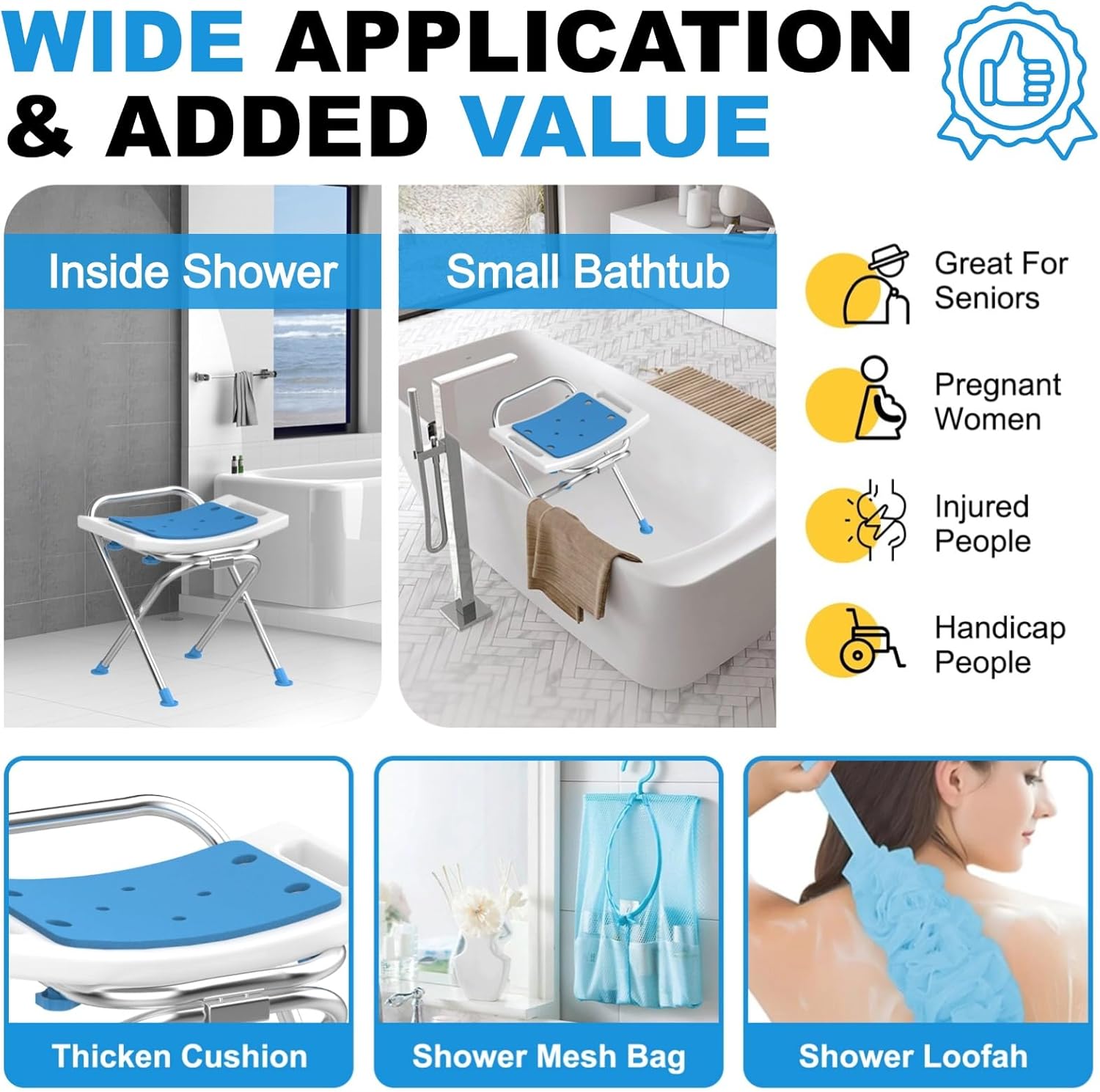 Medhelp Folding Shower Chair for Inside Shower, Stainless Steel Foldable Shower Stool, 400lbs Portable Folding Shower Seat for Travel, Anti-Slip Small Shower Chair for Elderly Disabled Injured, White