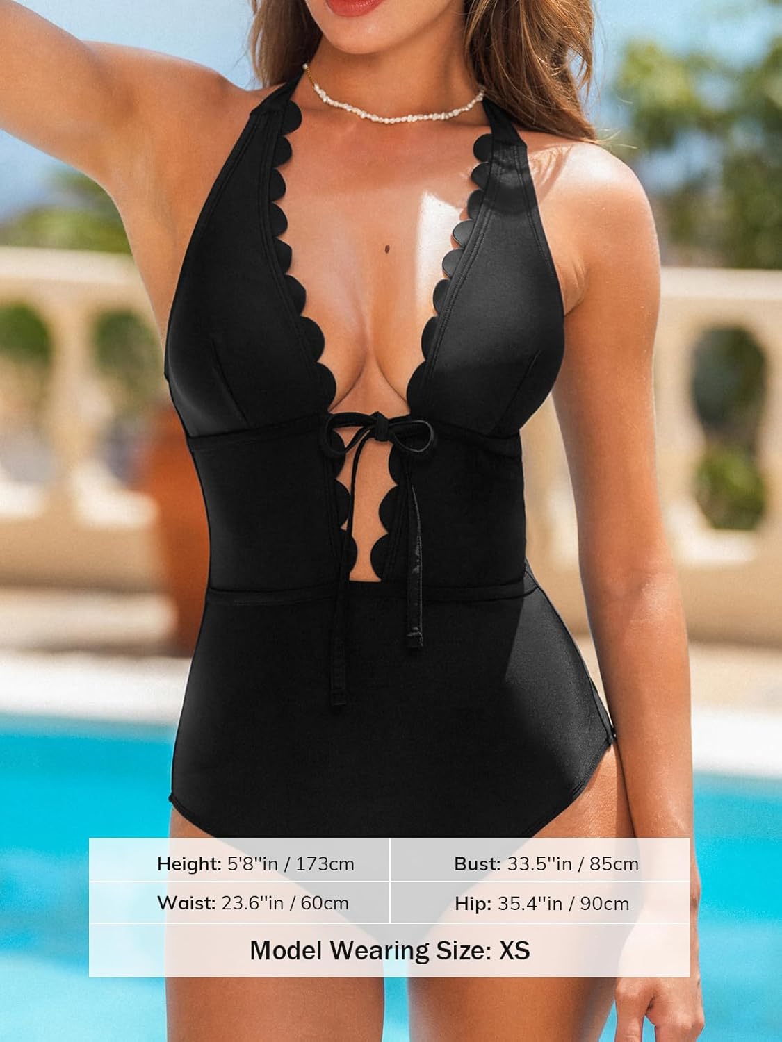 CUPSHE Women's One Piece Swimsuit Bathing Suits Halter Deep V Neck Self Tie Cutout Scalloped Swimwear - Image 4