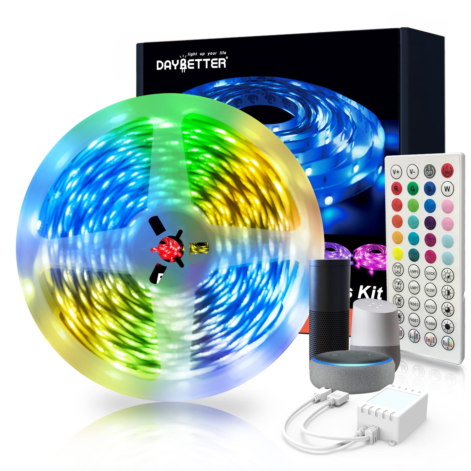 Amazon.com: DAYBETTER Alexa Led Strip Lights,Smart Led Strip Lights Work  with Alexa Only(Direct Connected),50ft Multicolor Led Lights for Bedroom,  Desk, Home Decoration,with 44 Keys Remote and 12V Power Supply : Tools &