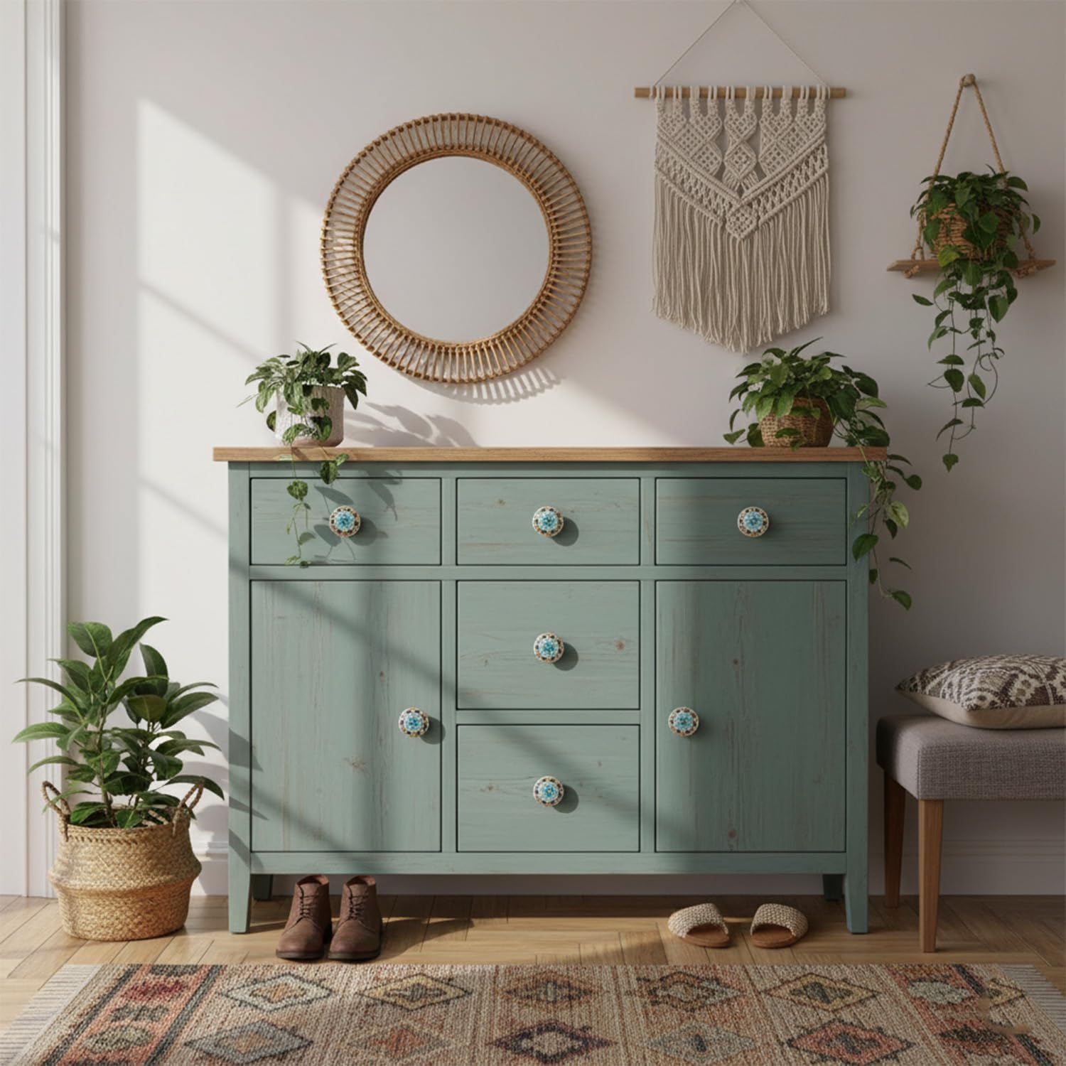 HUAMULAN 15 Pack Boheimian Retro Ceramic Knobs Vintage Dresser Button Shape Mushroom Boho Kitchen Petal Cabinet Pulls Cupboard Wardrobe Drawer Door Handles Glossy