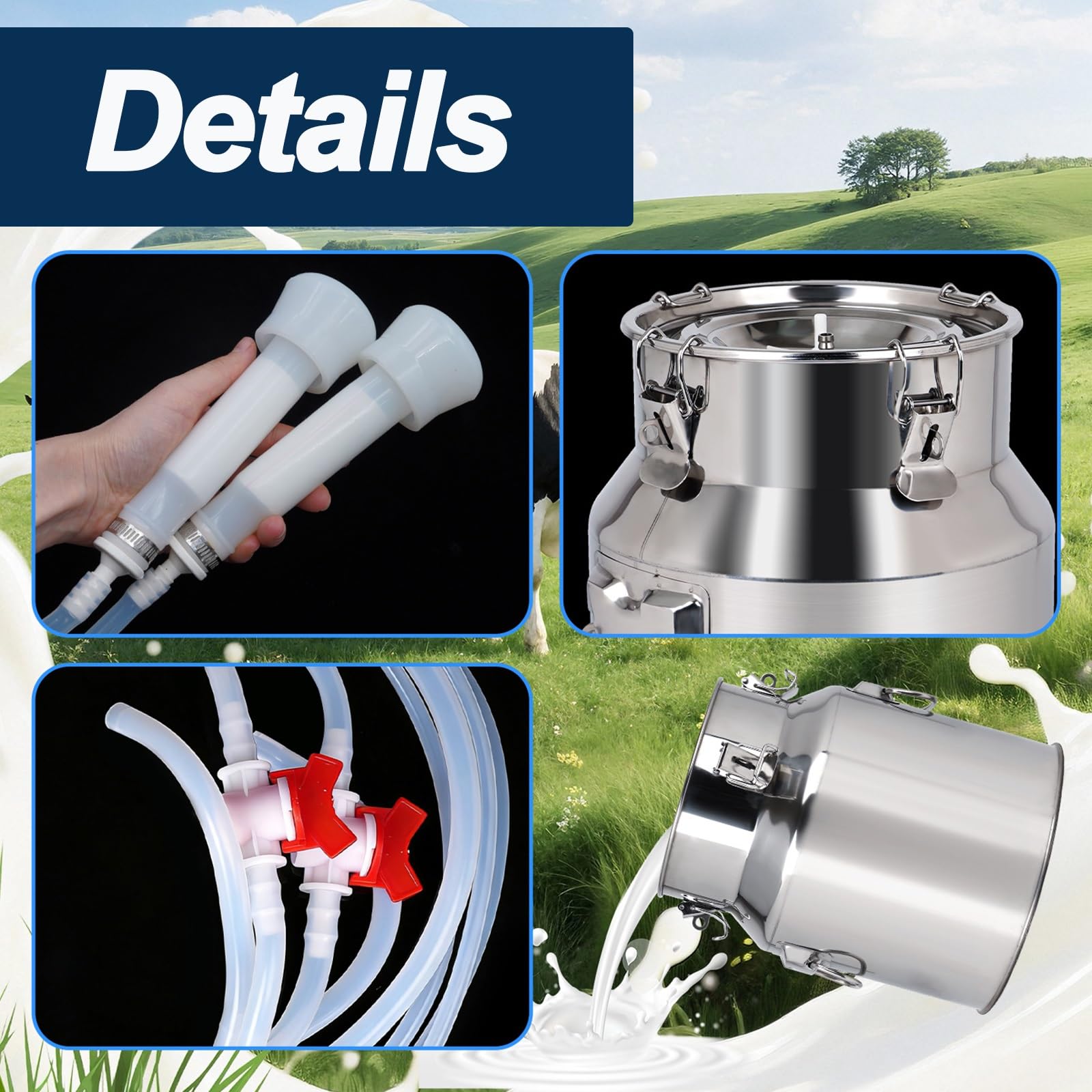 Ordeñadora portátil 2 en 1 de 2,6 gal/10 l for vacas, cabras, con cubo de acero inoxidable apto for uso alimentario, 4 tazas de tetina, sistema de pulsación, for rancho, uso doméstico de lácteos