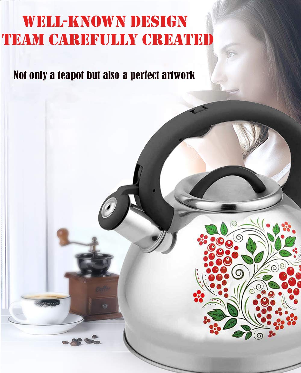Hervidor de té para estufa silbando tetera – 3L grado alimentario de acero inoxidable 304 que cambia de color con asa fría, silbato fuerte y antioxidante, apto para todas las fuentes de calor (uva)