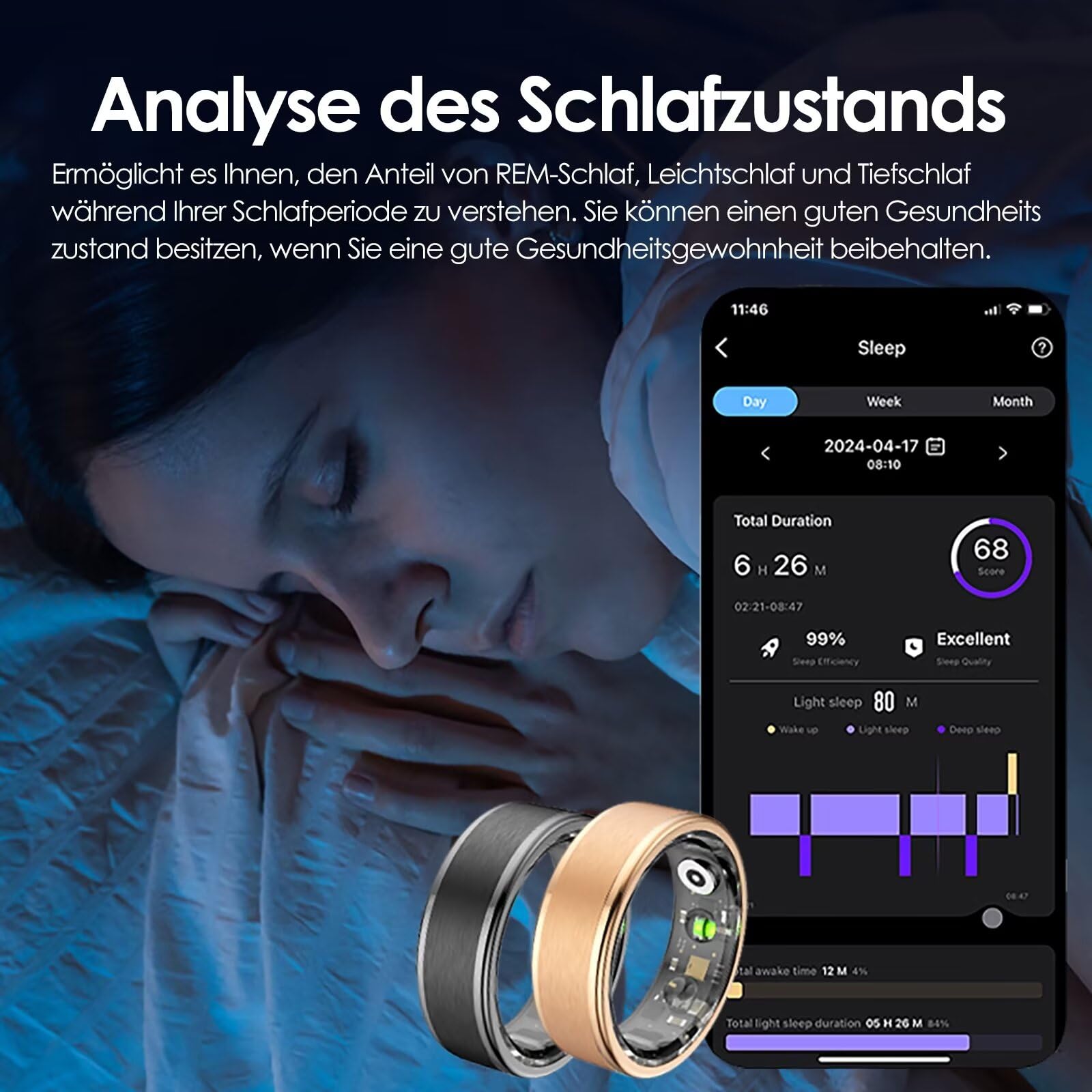 findtime Smart Ring Android Smartringe für Herren Damen IOS Pulsmesser Sport Fitness Tracker Smart Ring Smartring Fitness Ring Schlaftracker Gesundheitsring Schrittzähler Fitnesstracker Gold Schwarz