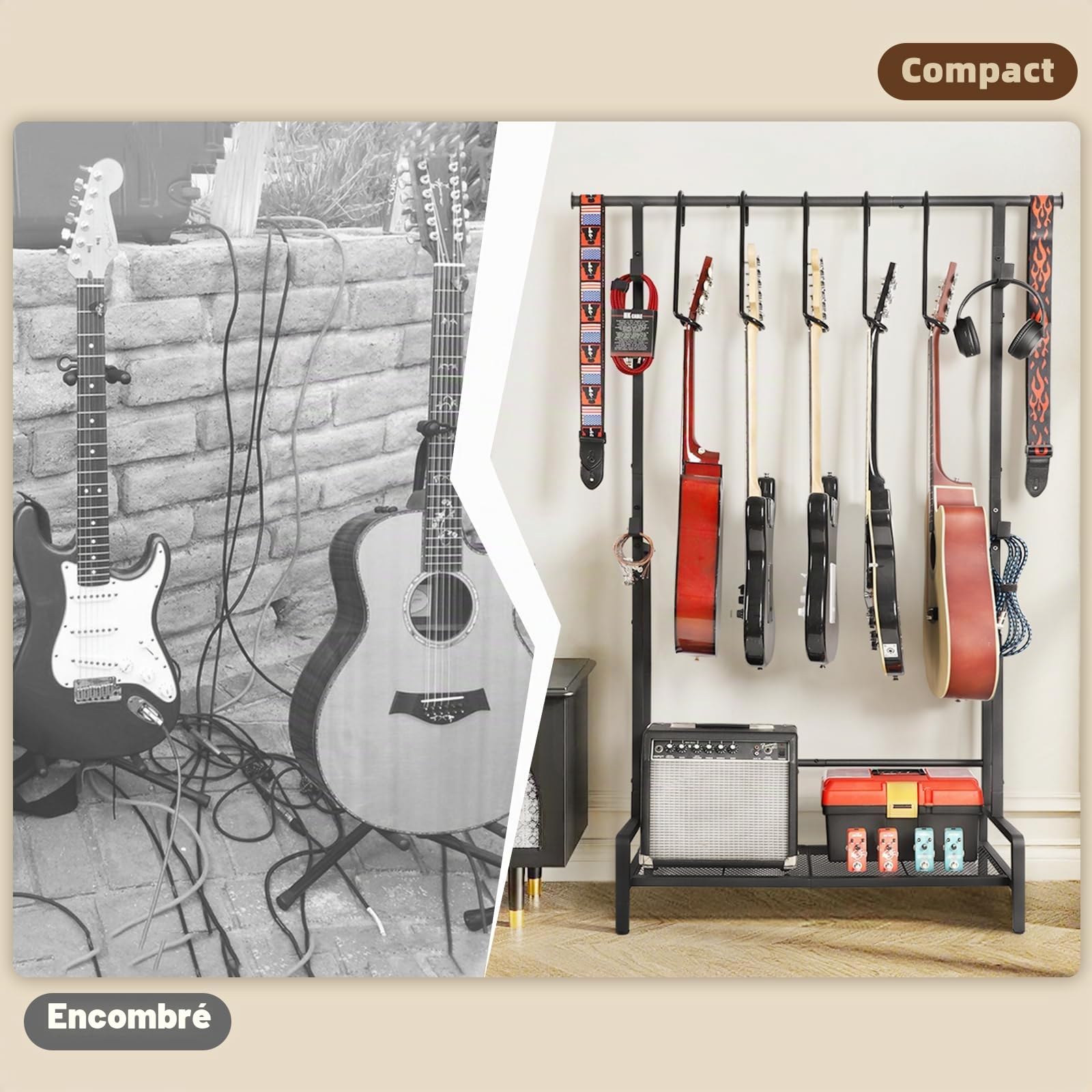 Bikoney Support Guitare Sol pour 5 Guitares, Porte-Guitares Réglable pour Guitare Acoustique, Électrique, Basse & Ukulélé, Rack Guitare Robuste avec Étagère pour Ampli & Crochets Accessoires