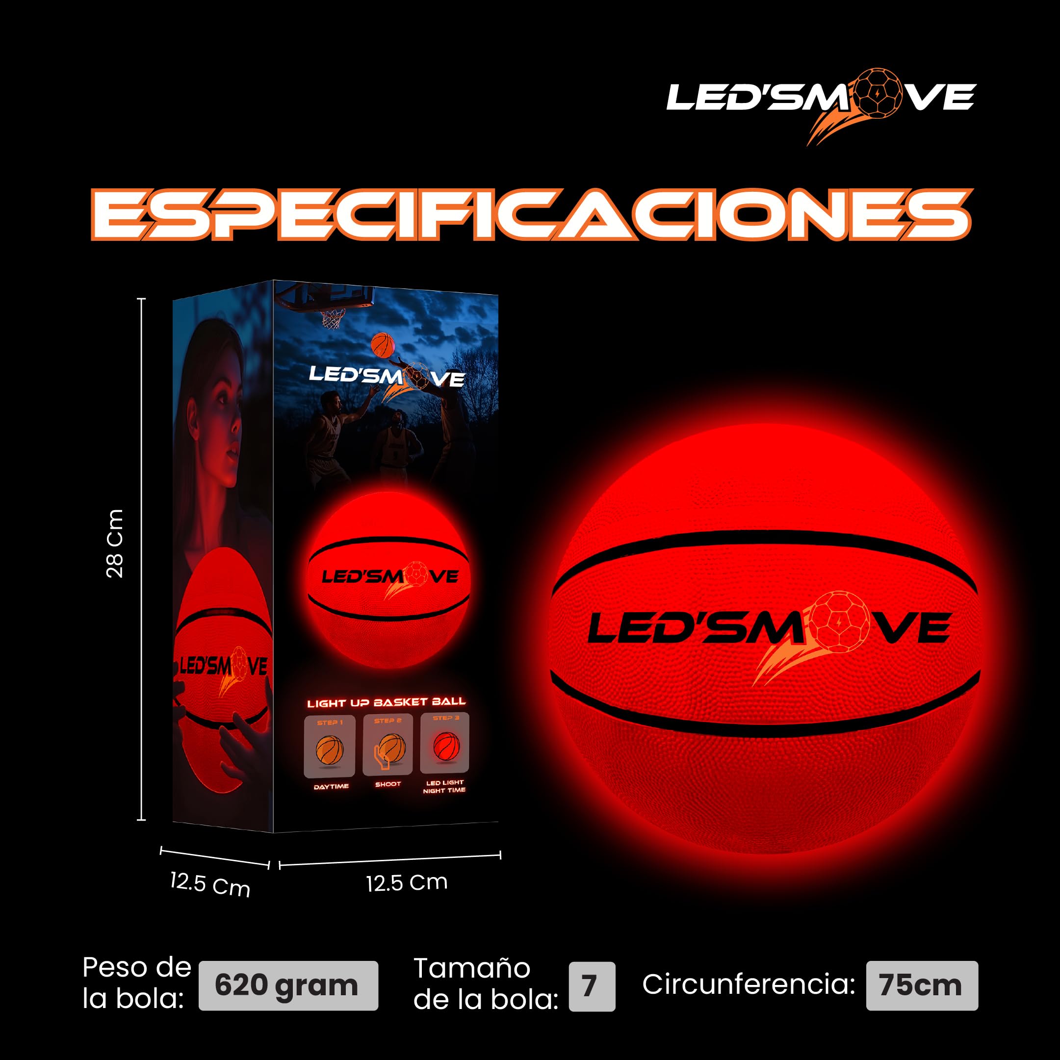 LED'S MOVE LS3 Pelota Baloncesto Luminosa LED Talla 7 Outdoor, Balón de Baloncesto Recargable USB-C, Pelota Basket Niño Exterior Interior, Niño 8 10 12 Años Jugar Fuera Casa
