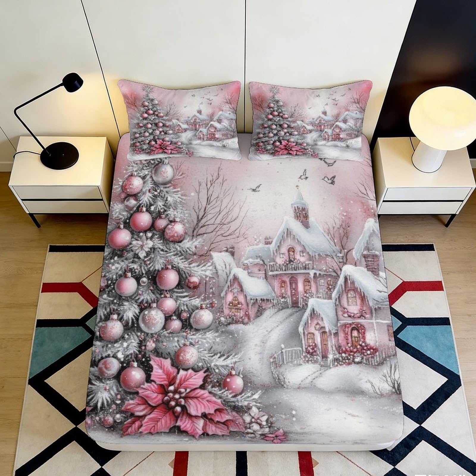 3D Printed Christmas Village Fitted Sheet Microfiber Red Snow Floral Mattress Cover for Bedroom Guest Room Decor 90x200x25cm