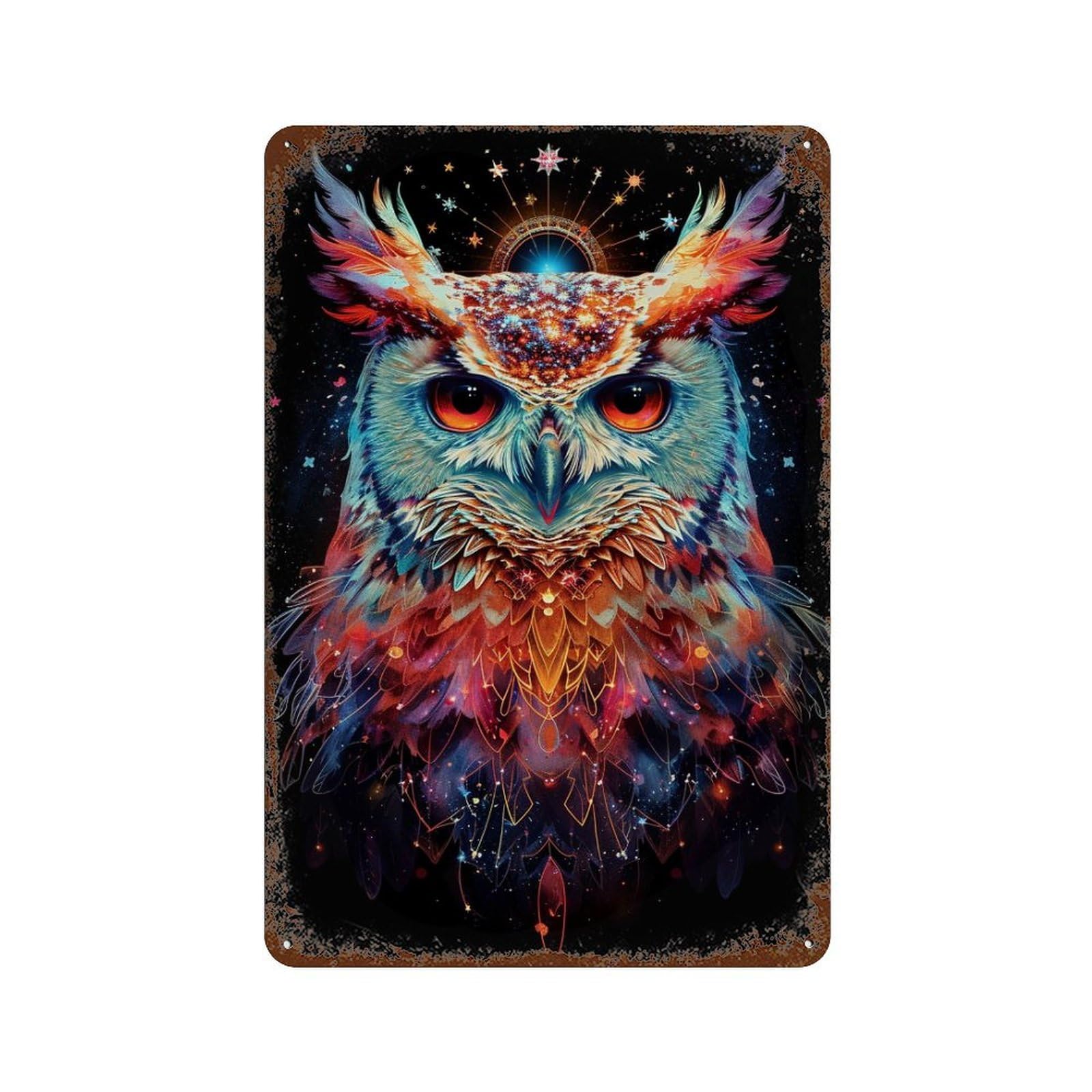 Cosmic Owl Art Print Rusty Metal Tin Sign 11.8"x7.9", for Farmhouse, Kitchen And Entryway Decor, Rustic Home Decor