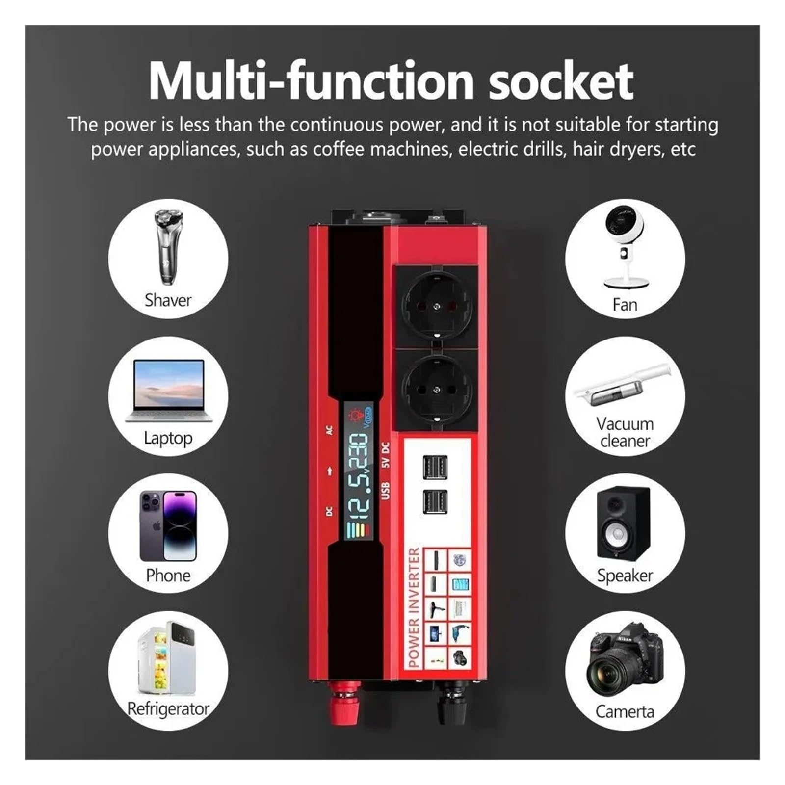 Convertisseur Tension Onduleur 4000 W 3000 W DC 12 V vers AC 220 V 230 V pour Camping-Car Téléphone Voiture Transformateur avec 4 Prises USB UE Affichage LED(4000W)
