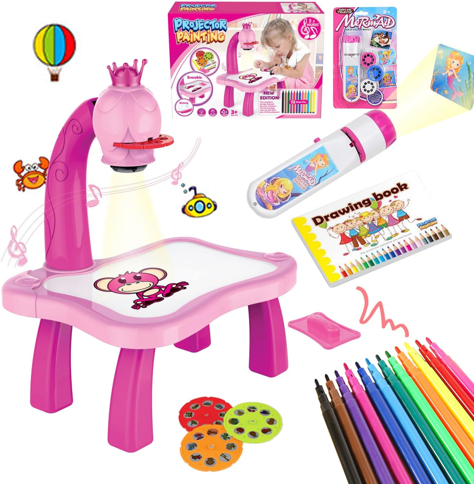 2pcs/Set Drawing Projector for Kids with Flashlight Slide Projector, Projector Drawing Table for Kids Tracing with Light Music Sketcher Desk for Early Art Learning Games Gifts (Pink)