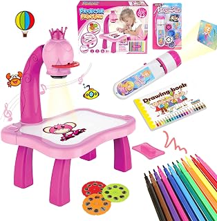 2pcs/Set Drawing Projector for Kids with Flashlight Slide Projector, Tracing Table with Light Music Sketcher Desk for Early Art Learning Games Gifts (Pink)