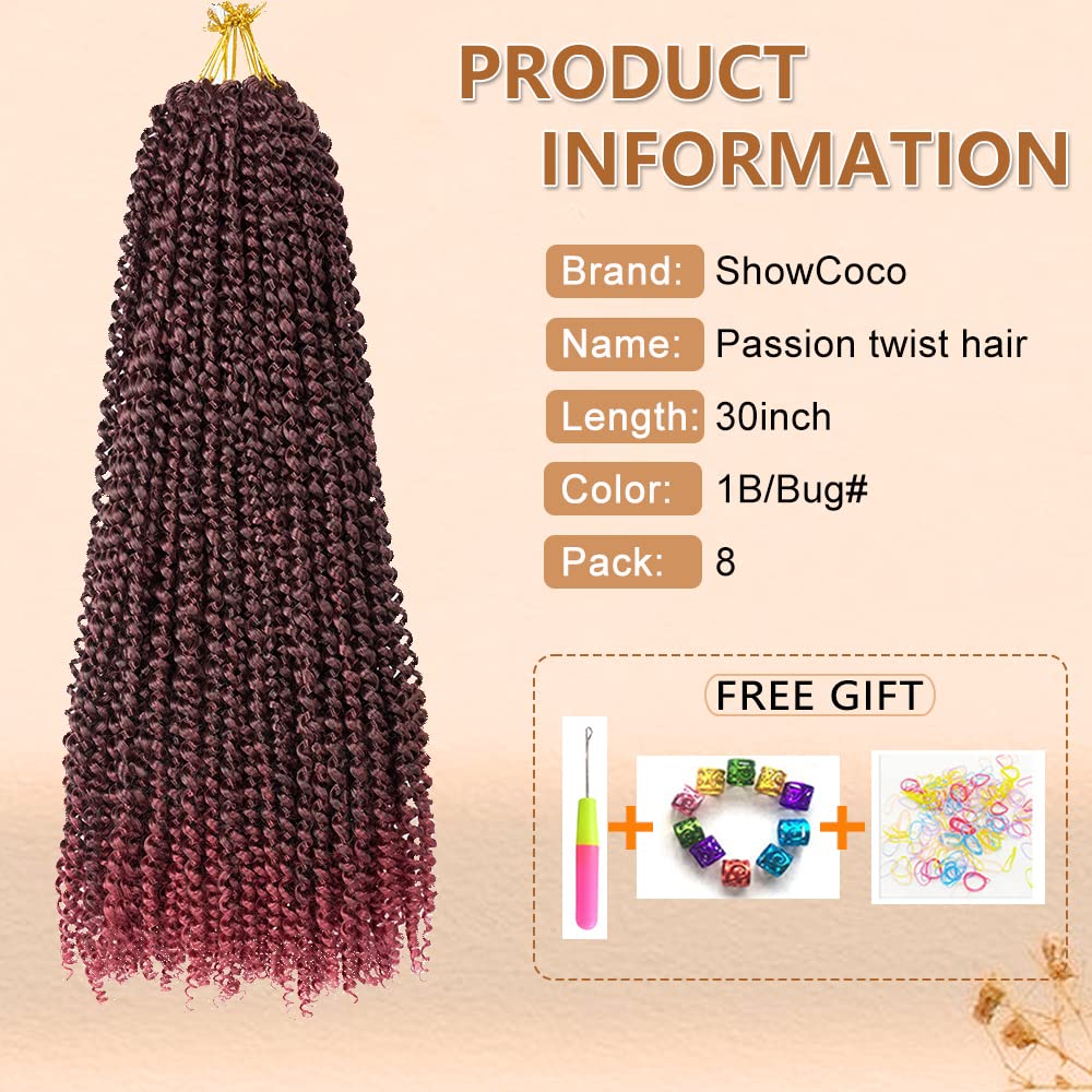 Passion Twist Hair 30 Inch 8 Packs Water Wave Crochet Hair Passion Twist Crochet Hair for Black Women Long Bohemian Braiding Hair Extensions Spring Twists Hair(30 Inch,1B/Bug)