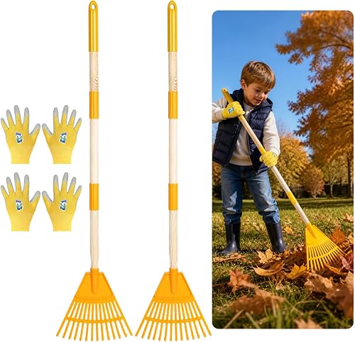 2 Pcs Kids Rake with 2 Pairs Gloves, 34" Adjustable Lawn Rakes for Leaves Child Size, Plastic Head & Wooden Handle, Kid Gardening Tools Set for Kids Boys Girls Gifts Ages 3+