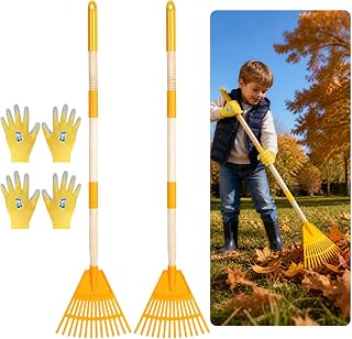 2 Pcs Kids Rake with 2 Pairs Gloves, 34" Adjustable Lawn Rakes for Leaves Child Size, Plastic Head & Wooden Handle, Kid Gardening Tools Set for Kids Boys Girls Gifts Ages 3+