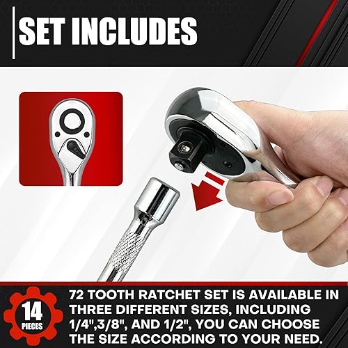 Miniatura 2 de C&T Juego de llaves de trinquete de liberación rápida de 3 piezas, juego de trinquete de accionamiento, 14", 38", 12" 72-diente, acero de aleación,