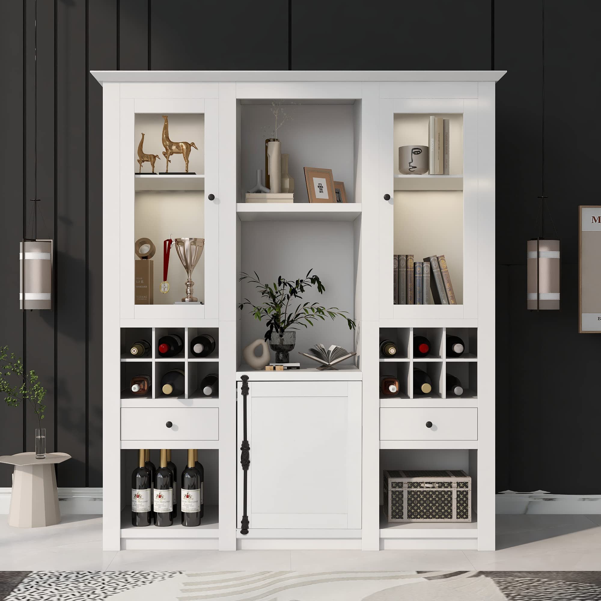 Bibliothèque Design avec Éclairage LED Multicolore et Portes en Verre - Meuble de Rangement Moderne Compartiment à Vin Intégré, pour Salon et Bureau - 143 x 45.5 x 170 cm