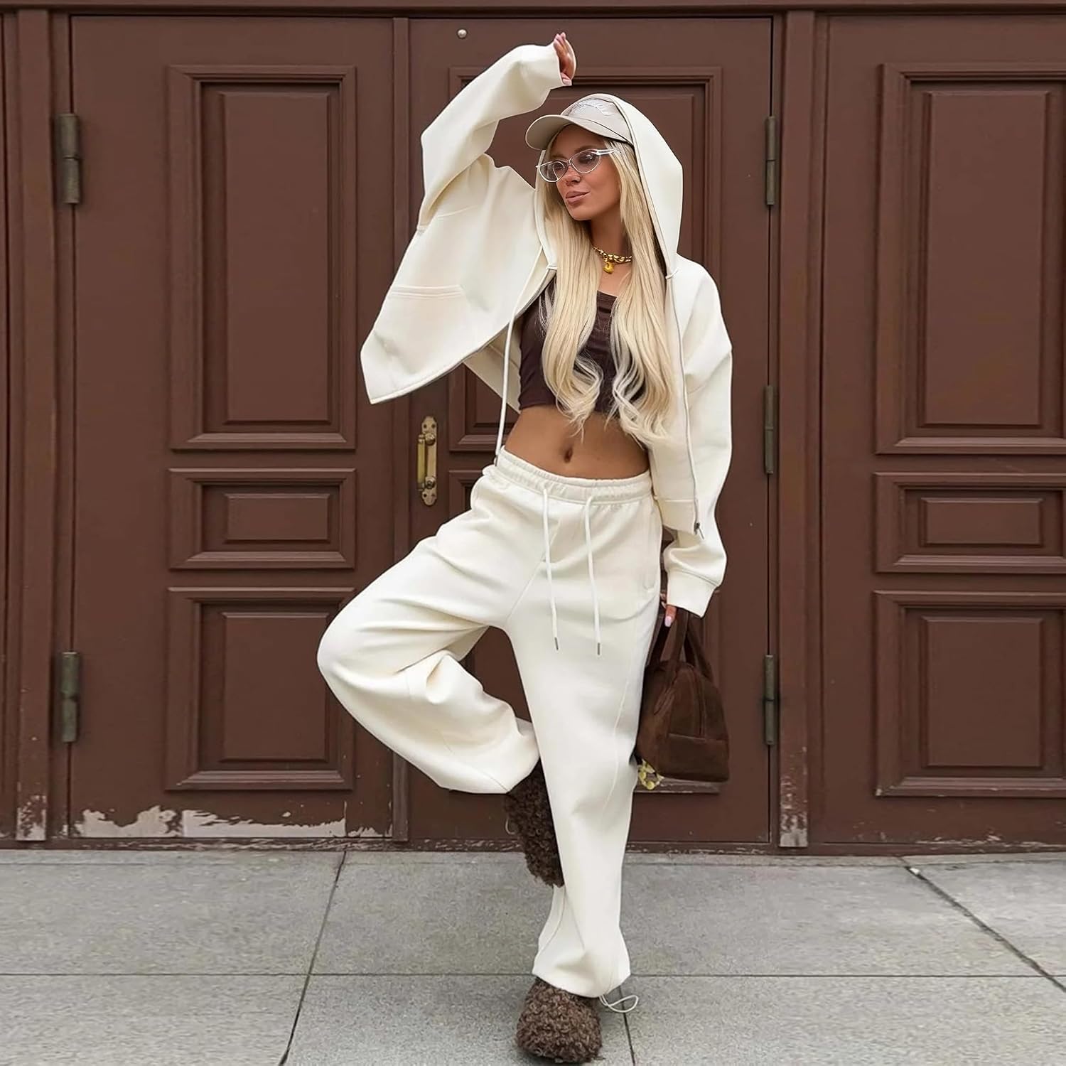 Womens 2 Piece Sweatsuit Zip Up Hoodie Tracksuit Travel Outfits Jogger Sets Wide Leg Sweatpants Fall Lounge Set