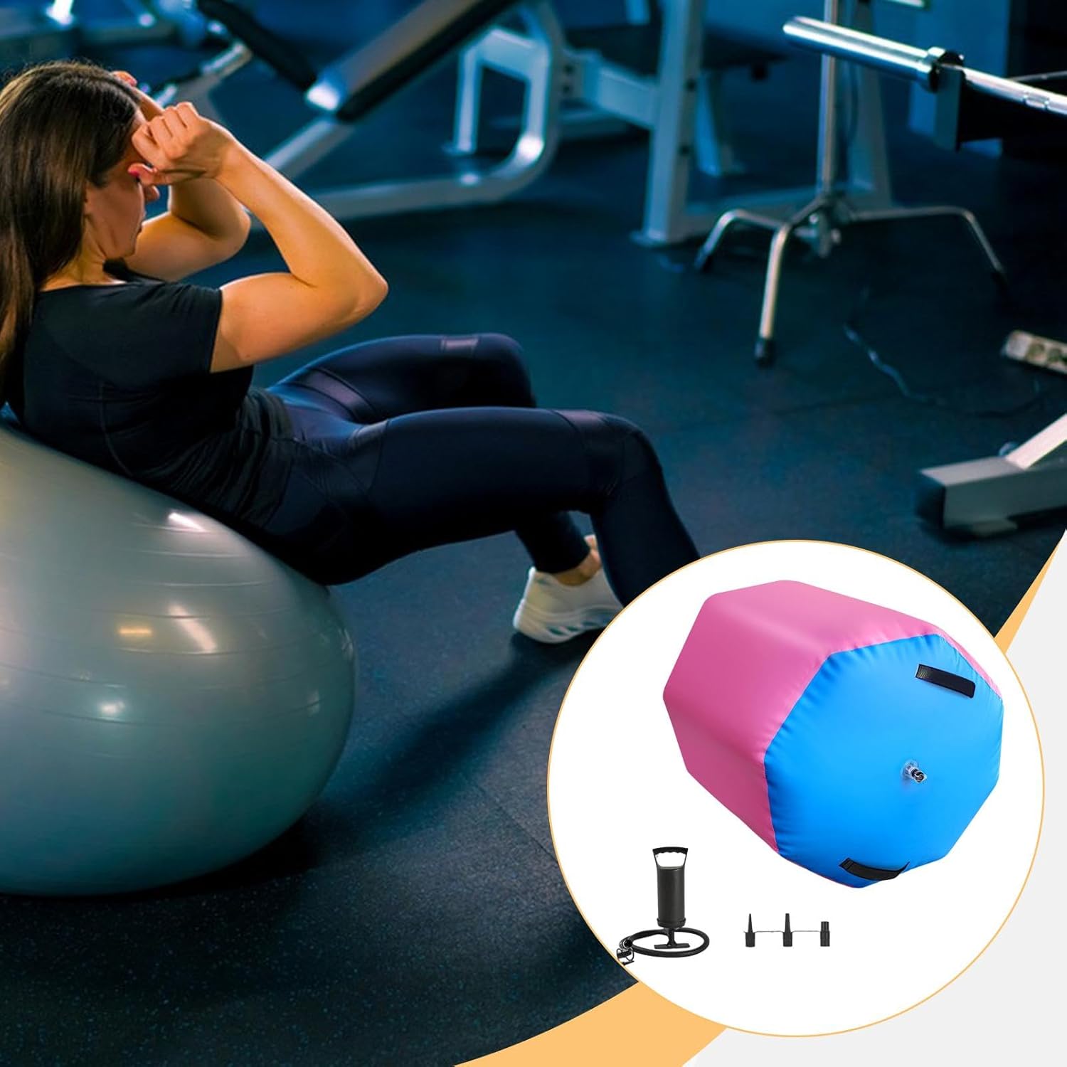 Inflatable Gymnastics Barrel with Manual Air Pump, Professional PVC Air Roller for Yoga, Flexibility Training, Tumbling, Backbend Practice, Home Gym Equipment